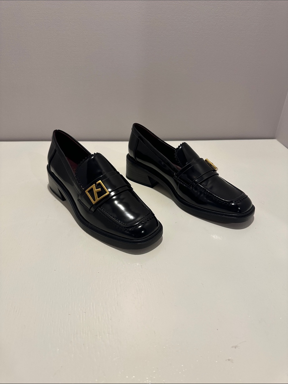 Franco Sarto Black Patent Loafers with Gold Accent Buckle